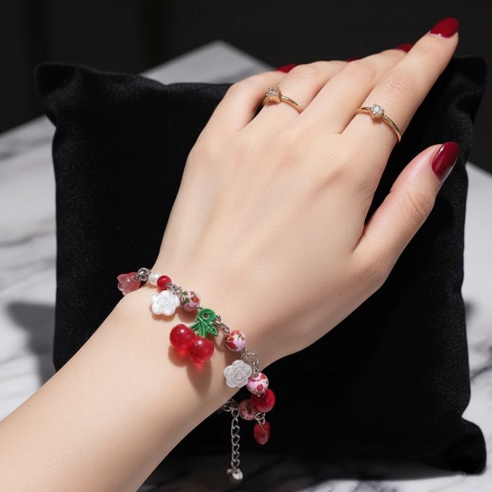 CHERRY FLOWER HEART CHARMS BEAD BRACELET
